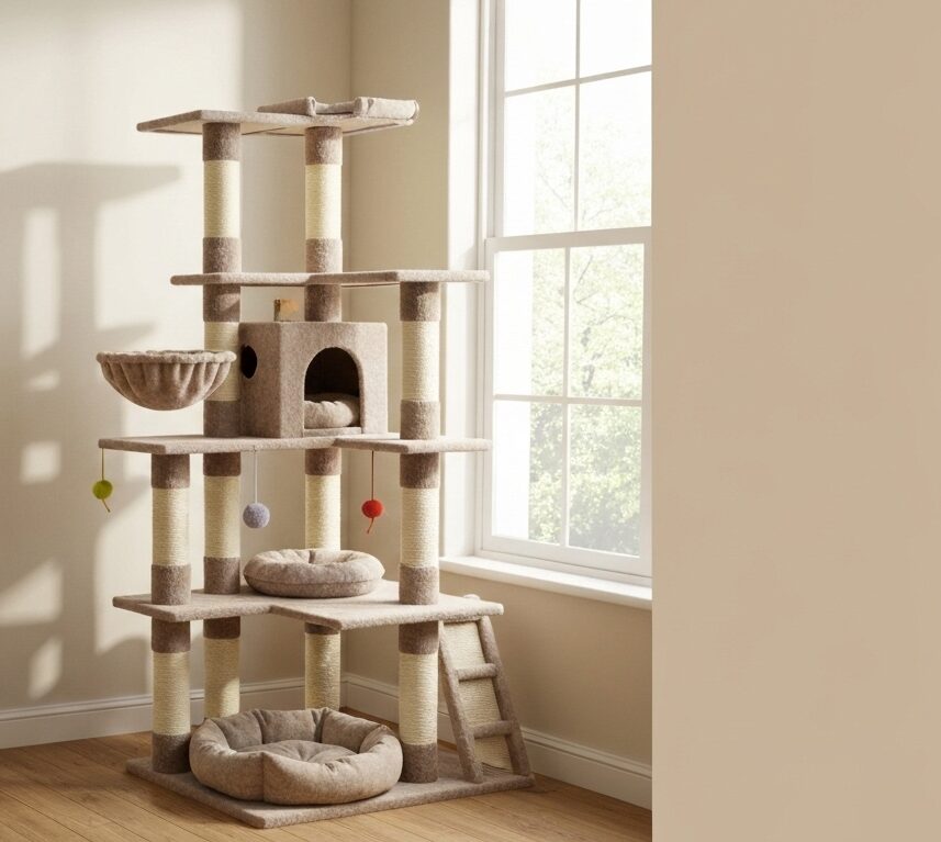 Aménager un coin autour de l'arbre à chat pour le bien-être du chat avec texte