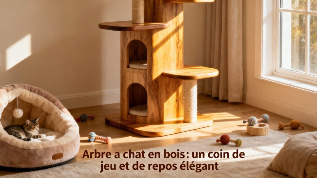 Arbre à chat en bois : un coin de jeu et de repos élégant avec texte