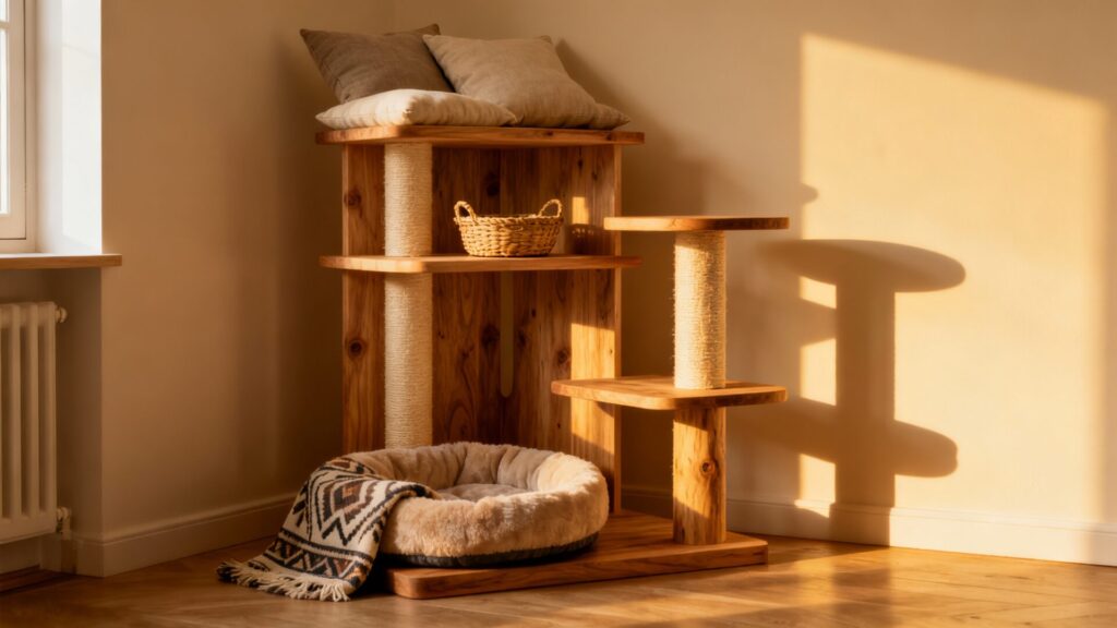 Arbre à chat en bois : un coin de jeu et de repos élégant sans aucun texte