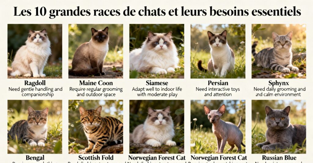 Les 10 grandes courses de chats et leurs besoins essentiels avec texte