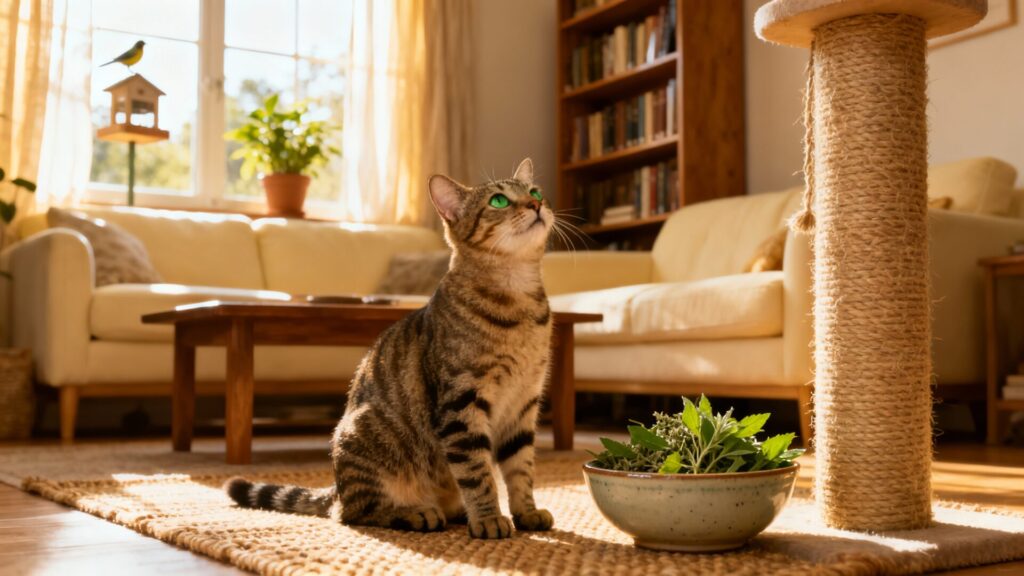 Où doit-on mettre l'herbe à chat pour favoriser le bien-être félin ? 