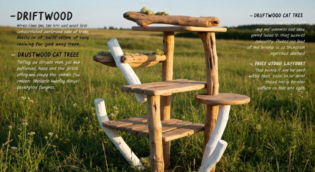 Arbre à chat en bois flotté esthétique et fonctionnel avec texte